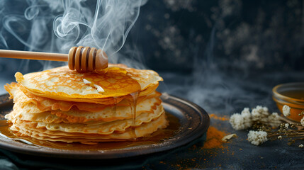 Sticker - banner Shrovetide pancakes with honey closeup on dark background with space for text