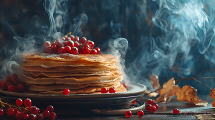 Poster - Shrovetide banner, pancakes with berries closeup with free space on dark background with space for text