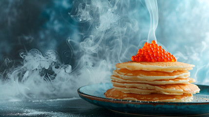 Canvas Print - Maslenitsa banner, pancakes with caviar close-up with free space on a dark background with space for text