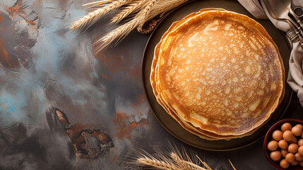 Wall Mural - Shrovetide banner, pancakes top view close up with free space on dark background with space for text