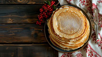 Poster - Shrovetide banner, pancakes top view close up with free space on dark background with space for text