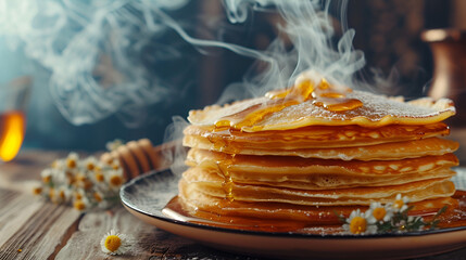 Wall Mural - banner Shrovetide pancakes with honey closeup on dark background with space for text