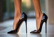 A woman leg in extremely unfit black high heels and bigger size standing in black court shoes, narrow stiletto heels