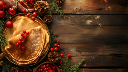 Canvas Print - Shrovetide banner, pancakes with berries closeup with free space on  wood background with space for text