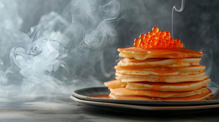 Wall Mural - Maslenitsa banner, pancakes with caviar close-up with free space on a dark background with space for text