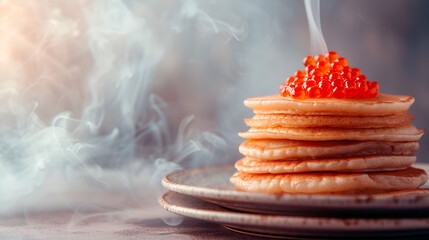 Wall Mural - Maslenitsa banner, pancakes with caviar close-up with free space on a dark background with space for text