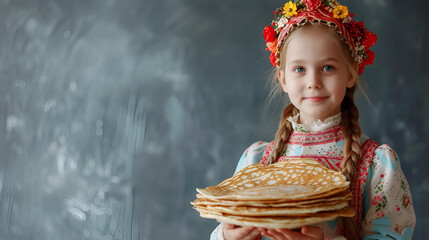 Shrovetide banner with copy space, girl with a plate of pancakes on a gray background with space for text