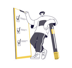 Aufkleber - Ticking checkmarks, filling paper survey, questionnaire, poll form. Character marking tasks done with checkboxes in checklist on clipboard. Flat vector illustration isolated on white background