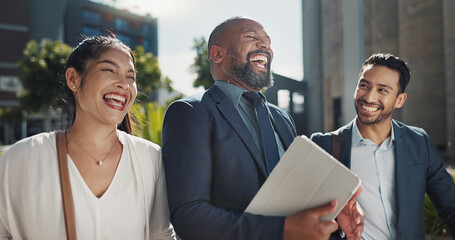 Poster - Business people, talking and walking by office buildings in morning, collaboration and travel to workplace in discussion. Teamwork, laughing and accountant with ambition and working in town in cbd