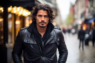 Wall Mural - Handsome young man in leather jacket on a city street.