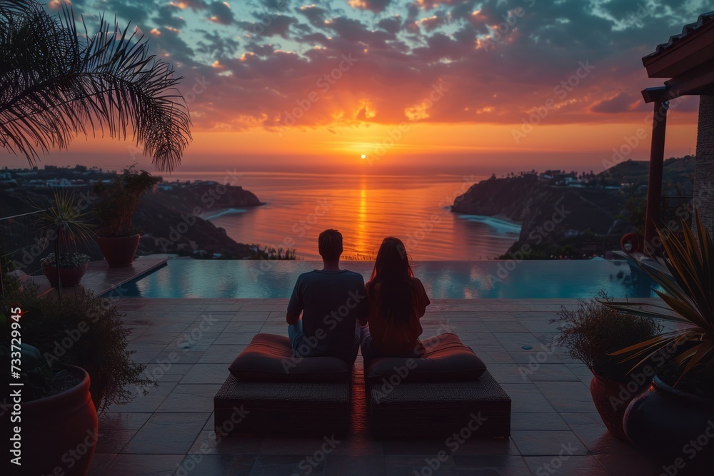 Couple watching a breathtaking sunset over an infinity pool with an ...