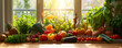 Elaborate spread of fruits and vegetables arranged on a kitchen table in front of window. Selective focus.