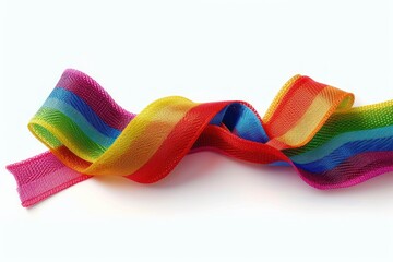 Wall Mural - Colorful rainbow ribbon closeup isolated on white background. Colorful LGBT design. Curly, fluttering ribbon.