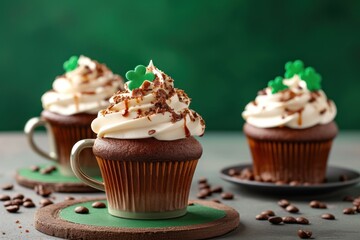 Wall Mural - Irish coffee and tradition cupcakes for St Patricks Day on green background. Happy st patricks day.