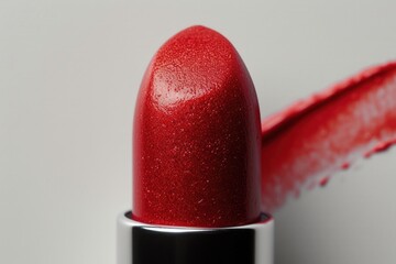 Wall Mural - macro photo of the tip of a red lipstick on a white background