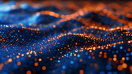 Colorful blue gold and orange color bokeh light abstract background with wave pattern, 3D illustrtaion.	