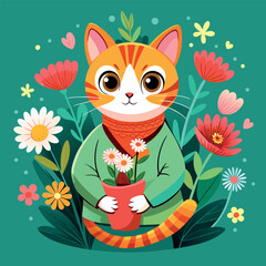 Sticker - a painting of cute kitten in a sweater holding flowers, illustrations women's day