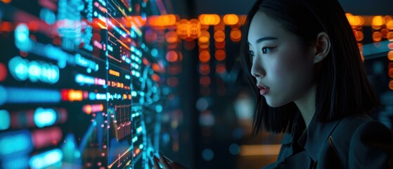 A woman in a black suit is looking at a computer screen. Generative AI.
