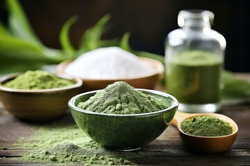 Green spirulina tablets in a bowl and powder in the background