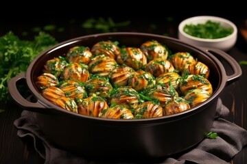 Wall Mural - Tasty fried or baked snails in sauce in a pan