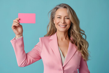 Wall Mural - Positive middle-aged smiling woman in pink jacket is holding pink business or gift card, happy patient of mammalogical or gynecological clinic, plain blue background isolated