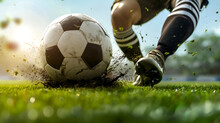 Soccer Player Kicking Football Ball With Grass Flying, Close Up Of Football Player Legs Kicking Soccer Ball On Professional Stadium. Intense Moment Of Soccer Ball In Play On Field, Action Shot