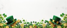 St Patricks Day Bottom Border Against A White Banner Background. Top Down View With Gold Coins, Shamrocks And Leprechaun Hats. Copy Space.
