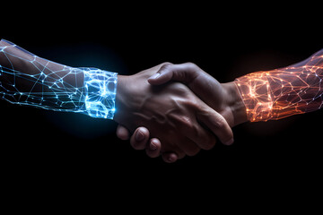 two wire-frame glowing hands, handshake, technology, business, trust concept