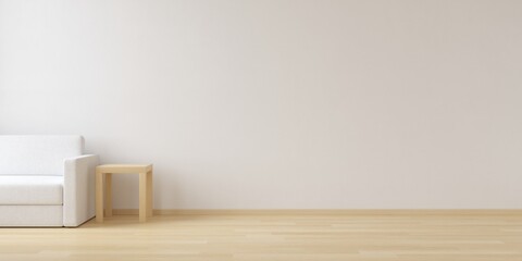 Poster - Modern interior of living with white wall and wooden floor. Empty space for products presentation or text for advertising.
