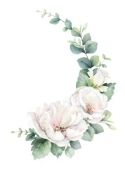 Wall Mural - Watercolor vector floral wreath. White roses and greenery. Branches of eucalyptus. Foliage arrangement for wedding stationary, greetings, wallpapers, fashion, fabric, home decoration. Hand painted