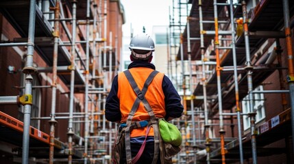 Wall Mural - A worker is renovating the wall of a building while standing on scaffolding