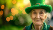 Senior woman in green hat with clover. old woman St. Patrick's Day celebration. active retirement. An old woman wearing a green hat