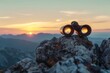 © Tisha - binoculars on top of rock mountain at beautiful sunset background.