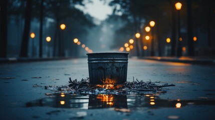 Wall Mural - A bucket of water on the street with lights in front, AI