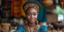 A gorgeous and pretty black woman in traditional accessories smiles with joy.