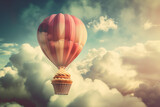Hot air balloon floating in the sky with a cupcake basket. Hot air balloon drifting gracefully with a muffin basket.