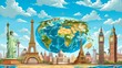 Miniature statue of popular monuments of the world countries on a globus, vector illustration