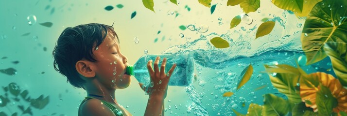 Child drinking out of a bottle underwater