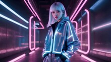 Portrait of a stylish woman close-up, a girl with blonde hair wearing fashionable clothes under neon lighting
