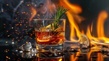 Crystal Glass With Whiskey Or Cognac Fire Smoked With Rosemary In It, Slice Of Lemon Or Orange On Black Wooden Table