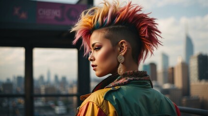 Sticker - A woman with colorful hair and mohawk standing in front of a cityscape. Generative AI.