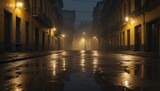 Fototapeta Uliczki - A street at night with a light shining on it. Generative AI.