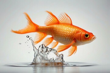 Wall Mural - Goldfish jumping out of water on grey background. Generative AI.