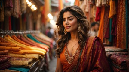 Canvas Print - A woman in an orange sari standing in front of a store. Generative AI.