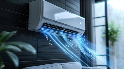 Blue waves of fresh clean air in the apartment. Air conditioner. Fresh scent and air filtration effect.