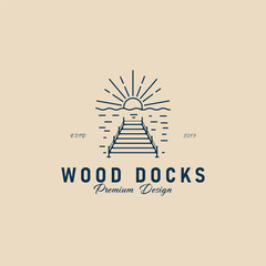 Wall Mural - wood docks line art logo, pier logo simple with sunset vector icon illustration design