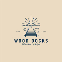 wood docks line art logo, pier logo simple with sunset vector icon illustration design