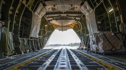  Interior View of Military Cargo Plane During Loading Process on Runway, cargo transportation