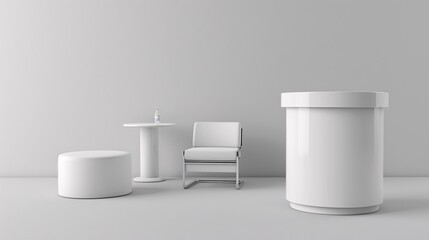 Authentic trade show furnishings including chairs and tables, as well as a blank white display area for corporate use.