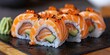 Delicious unagi and salmon sushi rolls with California roll and 2 pieces of salmon nigiri.